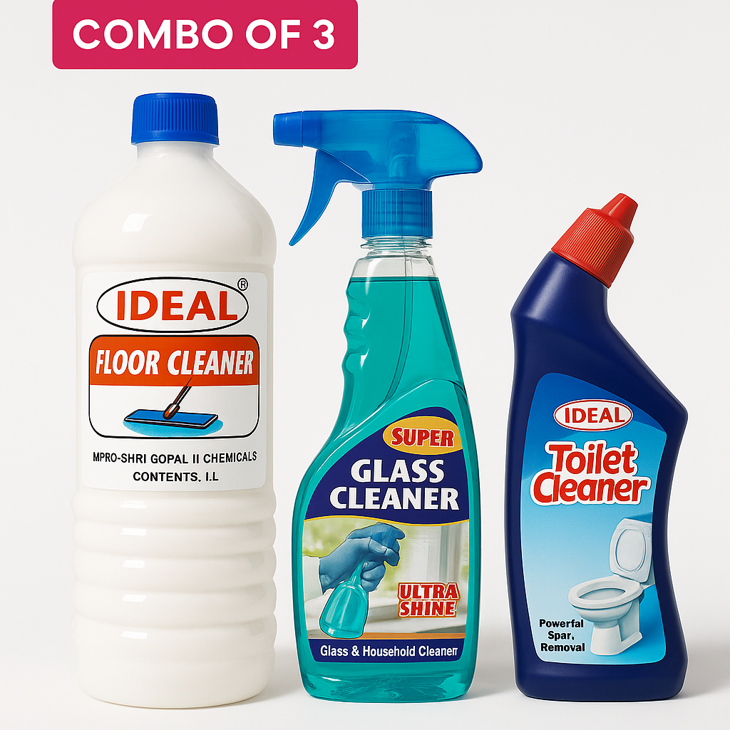 IDEAL Cleaning Combo Pack – Toilet Cleaner, Glass Cleaner & White Floor Cleaner (3 in 1 Value Pack)