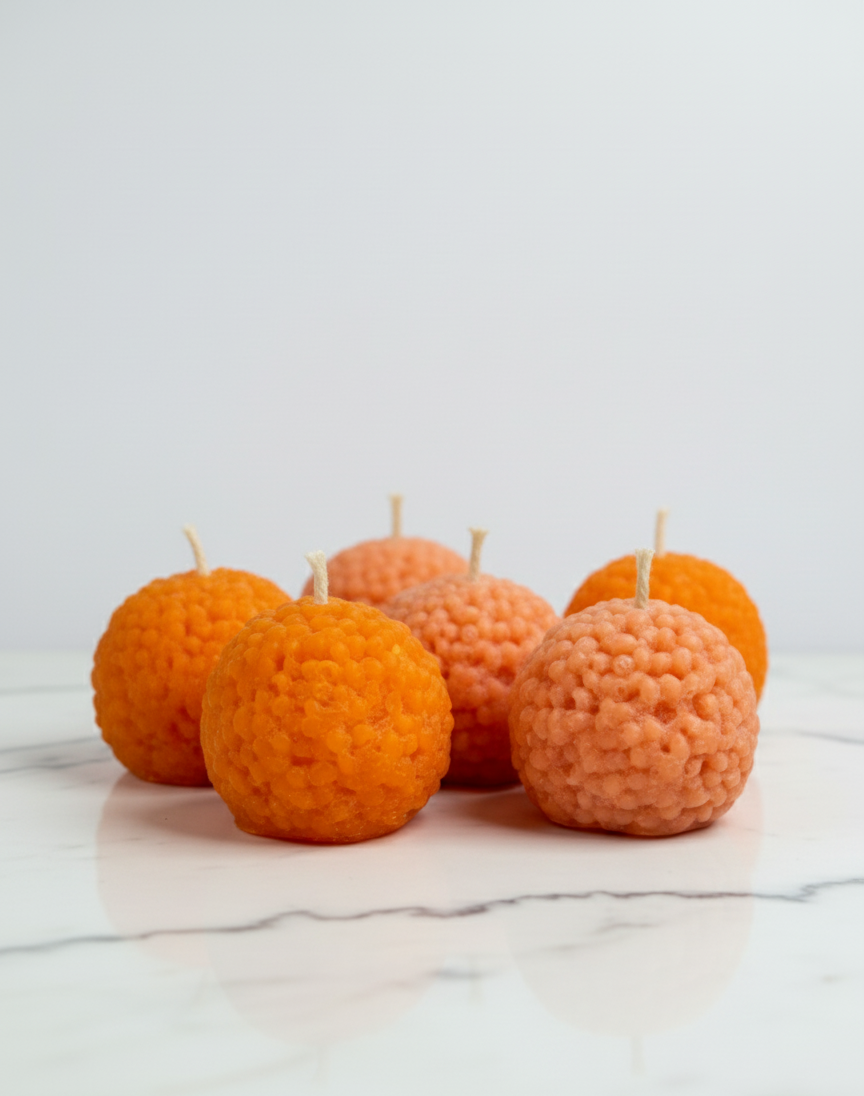 Orange textured candles on a marble surface with a light gray background