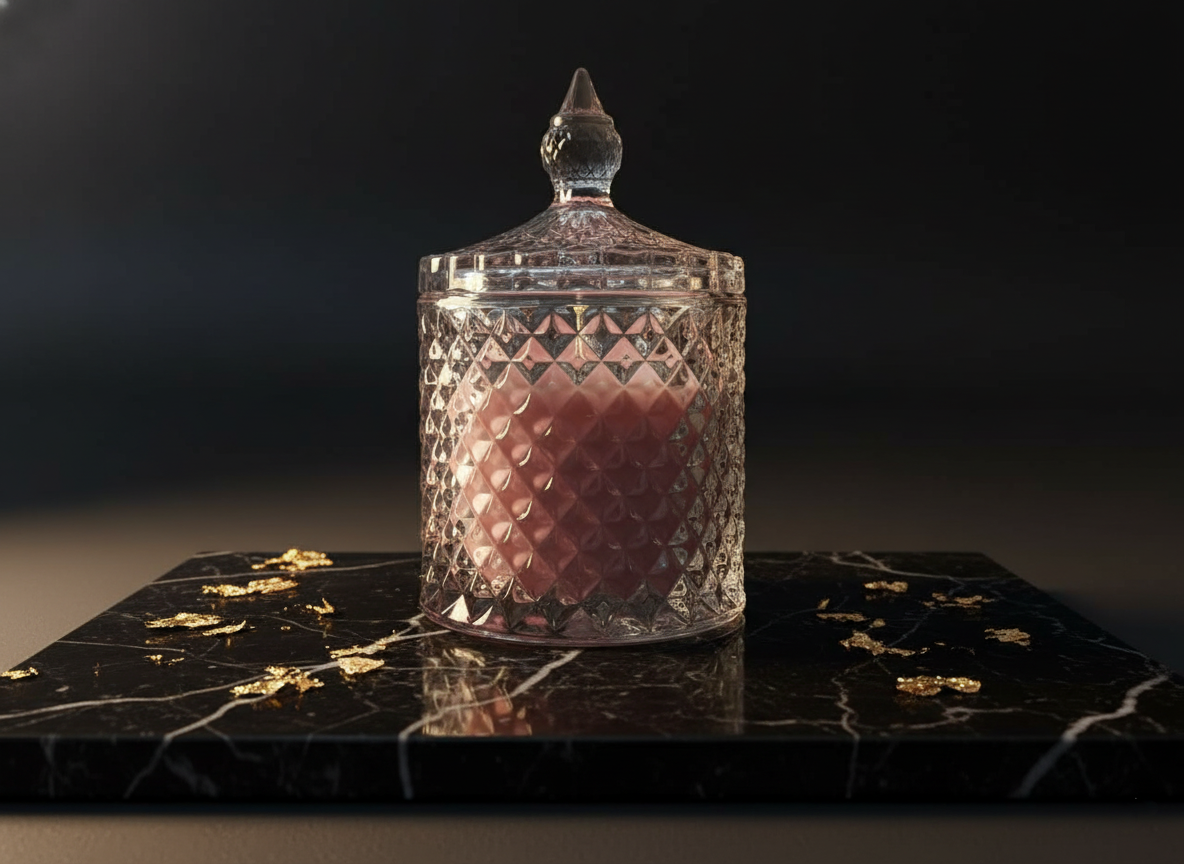 Decorative glass container with a dark background