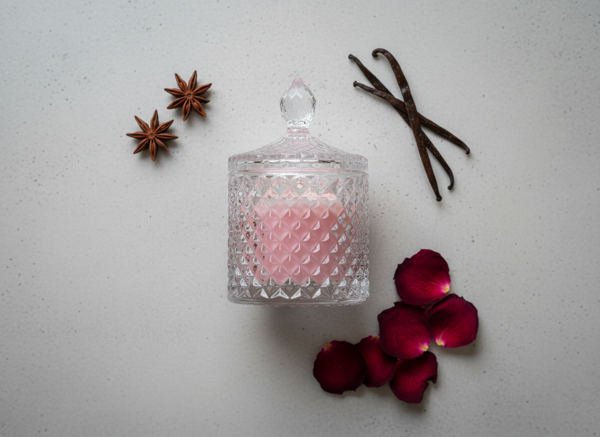 Glass jar with pink candle, star anise, vanilla beans, and red rose petals on a light surface
