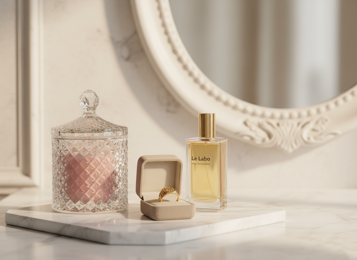 Perfume bottle, decorative jar, and ring on a marble surface with a mirror in the background