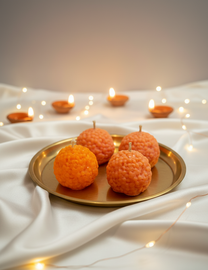 Decorative candles shaped like oranges on a gold plate with string lights in the background.