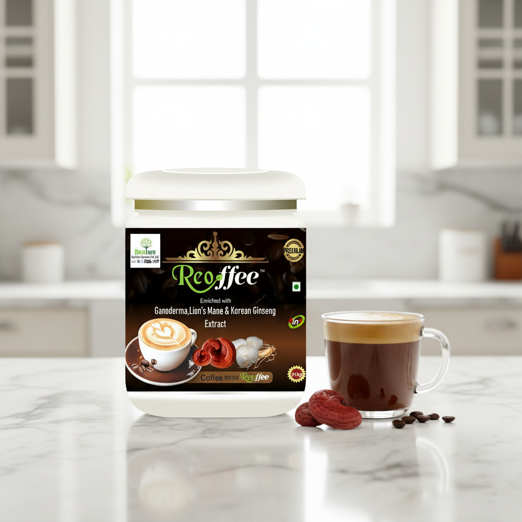 Reoffee coffee packaging with a cup of coffee on a marble countertop